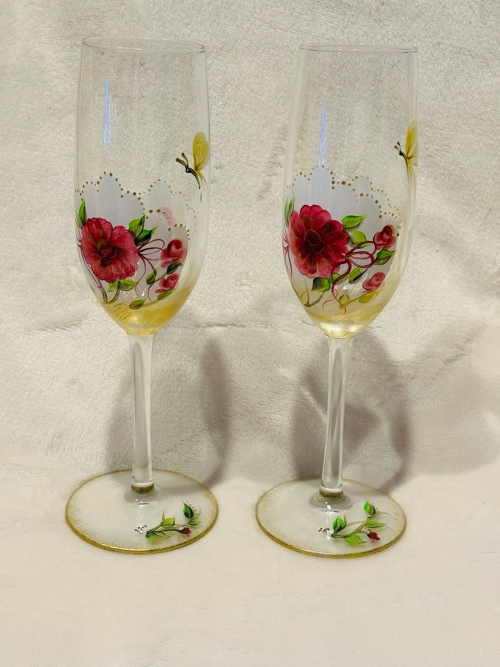 Source Unknown Hand-Painted Floral Champagne Flutes in Red, Green, Yellow